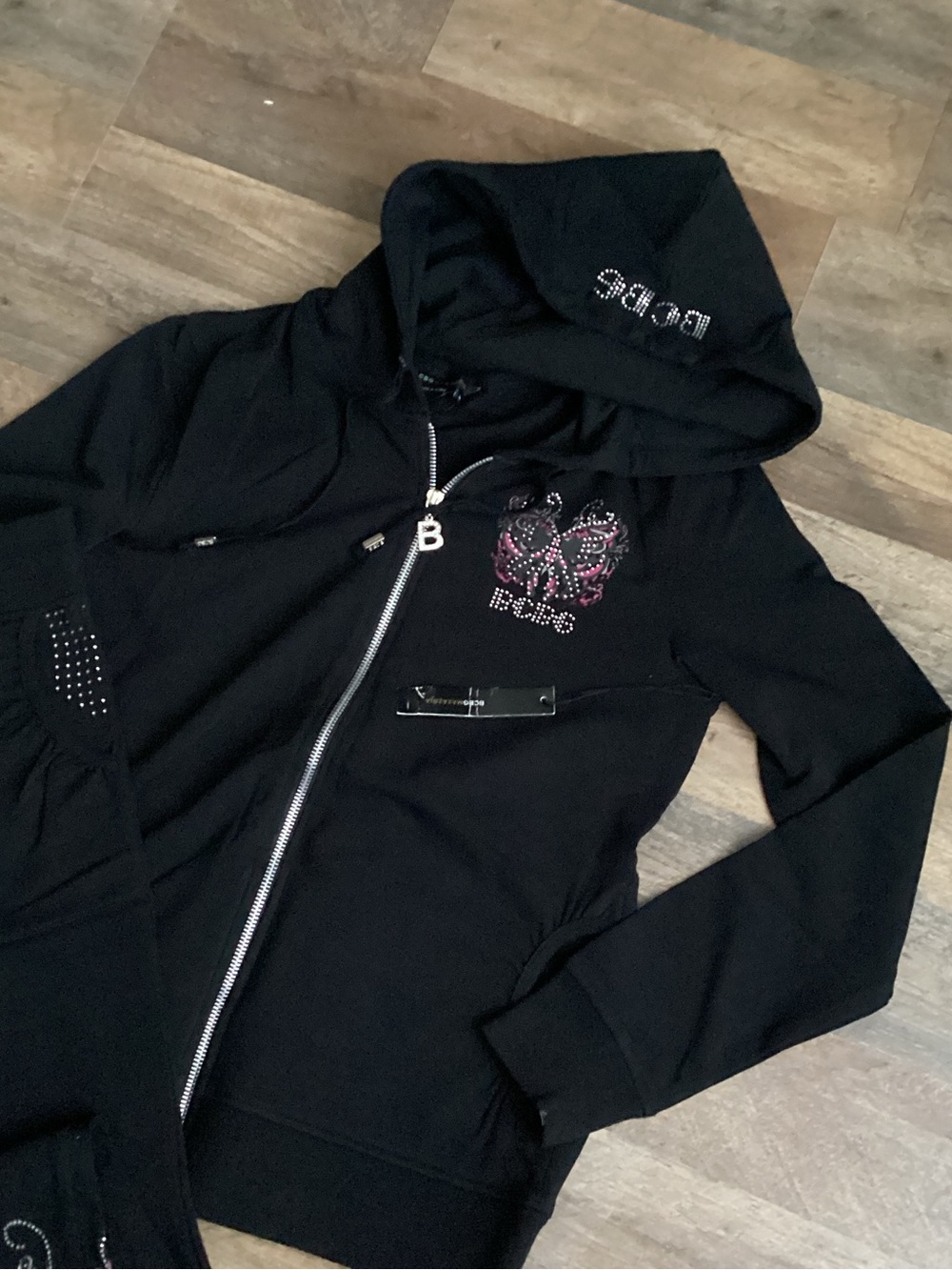 BCBGMaxAzria Black Rhinestone-Trim Hoodie Set - Picture 3 of 7
